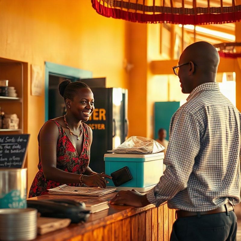 A Vividdriver owner talking with a customer across a teal-accented counter