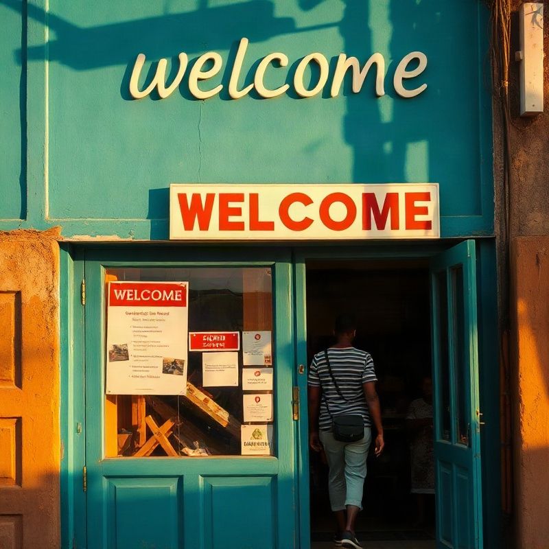 Welcoming Vividdriver entrance with teal door in warm coastal light